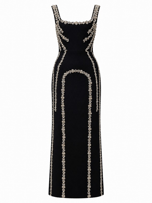 【新品DRESS 2008】クリスタルビジューラインタイトロングドレス ブラック